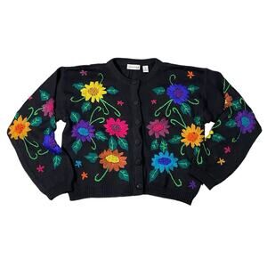 Vintage 90s Boho Floral Embroidered Button-front Sweater - M